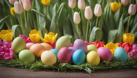 A still life depicting a happy Easter at home with spring flowers, tulips and colorful eggs and a place for text.の写真素材