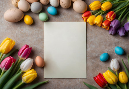 A still life depicting a happy Easter at home with spring flowers, tulips and colorful eggs and a place for text.の写真素材