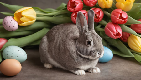 Happy Easter at home with colorful eggs, spring flowers and cozy rabbit.の写真素材