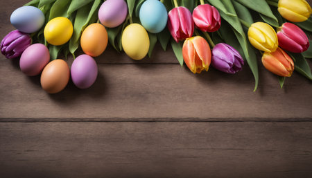 A still life depicting a happy Easter at home with spring flowers, tulips and colorful eggs and a place for text.の写真素材