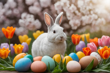 Happy Easter at home with colorful eggs, spring flowers and cozy rabbit.の写真素材