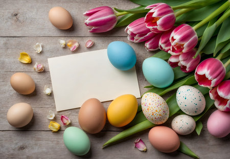 A still life depicting a happy Easter at home with spring flowers, tulips and colorful eggs and a...