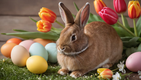 Happy Easter at home with colorful eggs, spring flowers and cozy rabbit.の写真素材