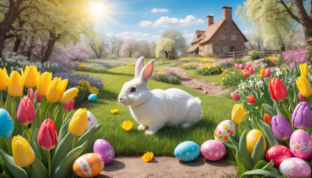 Happy Easter at home with colorful eggs, spring flowers and cozy rabbit.の写真素材