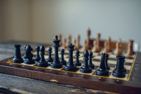 A wooden chessboard with pieces.の写真素材