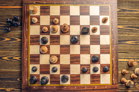 A wooden chessboard with pieces.の写真素材