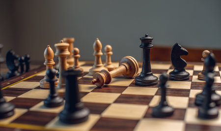 A wooden chessboard with pieces. Checkmate and the fall of the king by white.の写真素材