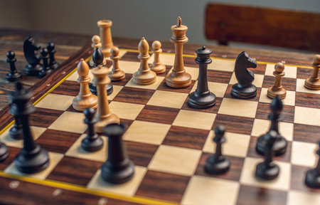 A wooden chessboard with pieces.