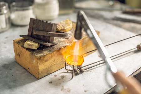 Heating with a flame jet of a metal billet of a silver ring. The work of a jeweler in the workshop