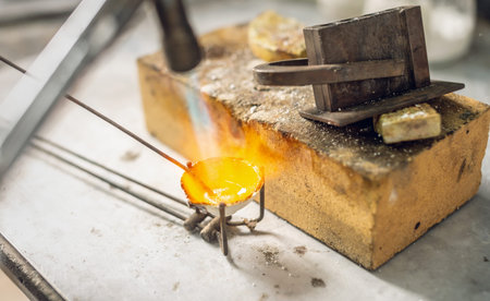 Heating with a flame jet of a metal billet of a silver ring. The work of a jeweler in the workshop
