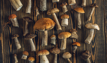 Forest raw fresh mushrooms are laid out on a wooden background. Beautiful rustic background.の写真素材