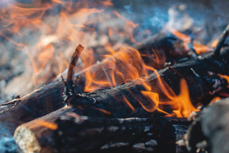 A bonfire made of large logs with orange flames and smoke in close-up. The concept of tourism and camping.の写真素材