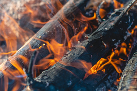 A bonfire made of large logs with orange flames and smoke in close-up. The concept of tourism and camping.の写真素材