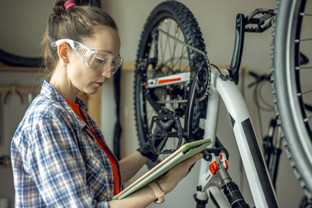 A woman is performing maintenance on mountain bike. Concept of fixing and preparing the bicycle for the new seasonの写真素材