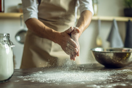 A baker in an apron kneads the dough with his hands and sprinkles it with flour to bake delicious...