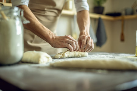 A baker in an apron kneads the dough with his hands and sprinkles it with flour to bake delicious homemade bread. Rustic style on a dark backgroundの写真素材