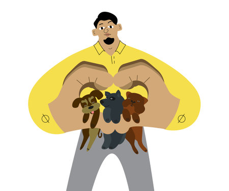 The dogsitter guy holds a husky pug, a mongrel, in his hands in the heart symbol.のイラスト素材