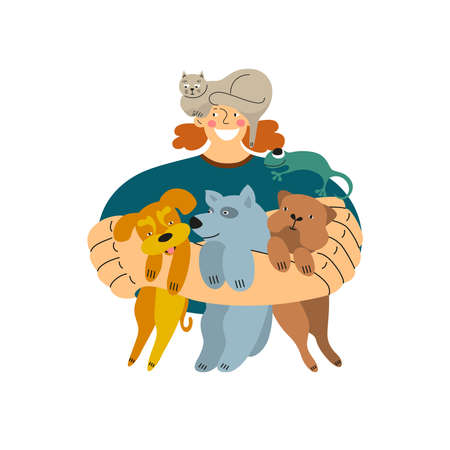 A red-haired dogsitter girl holds dogs in her hands, a cat sits on her head.のイラスト素材