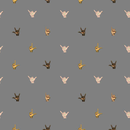 A small-patterned symmetrical modern seamless pattern from the American sign language I love you on a gray background.のイラスト素材