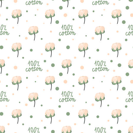 Seamless pattern of cotton flower and lettering.のイラスト素材