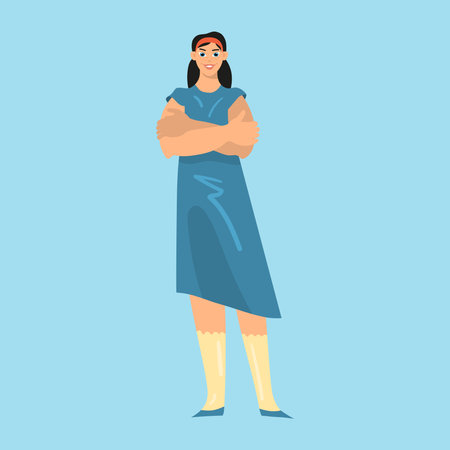 Cartoon character girl with crossed arms. Illustration smiling woman in denim dress.