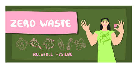 Banner with the character zero waste. Reusable hygiene poster.のイラスト素材