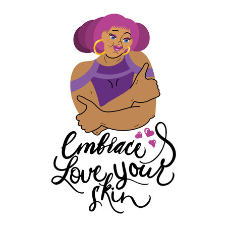 Character girl hugs himself. Vector woman pimples.のイラスト素材