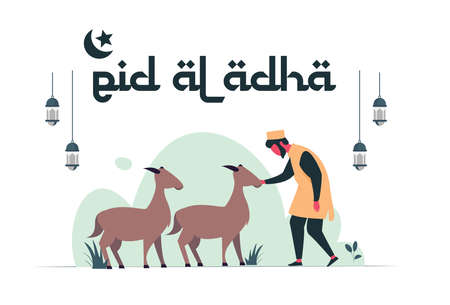 Illustration vector graphic of eid al-adha and The feast of sacrifice . sheep and man muslim Perfect for poster and bannerのイラスト素材
