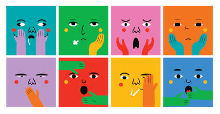 Faces with various Emotions and hand gestures. Different color characters.のイラスト素材