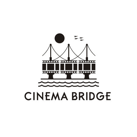 silhouette bridge, bridge cinema with cable and sun logo vintage retro designのイラスト素材