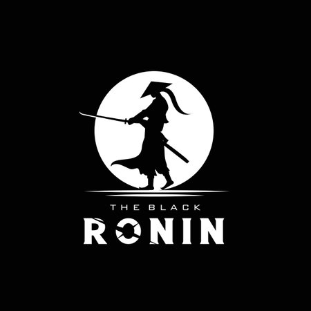 Japanese ronin silhouette with moon, swordsman wearing traditional hat, fighter community vintage logo designのイラスト素材