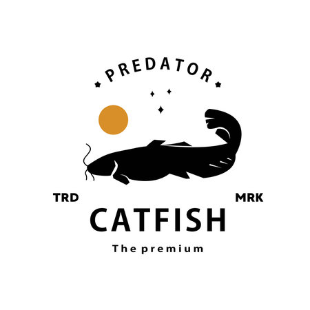 vintage retro hipster catfish logo vector outline silhouette art iconのイラスト素材