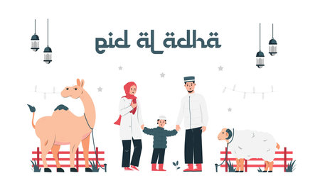 Illustration vector graphic of eid al-adha and The feast of sacrifice . sheep , camel and family muslim congratulate eid al adha Perfect for poster and bannerのイラスト素材