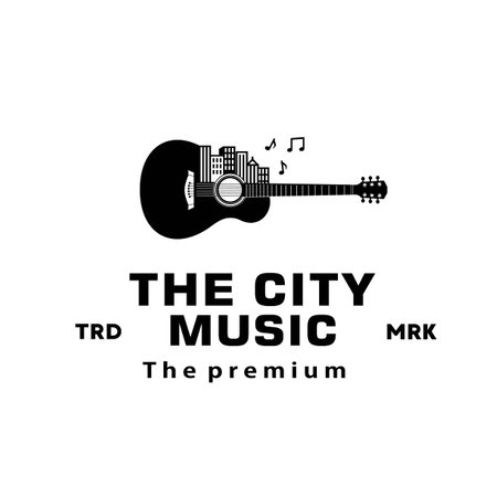 Stringed musical instrument logo illustration, the city music guitar silhouette suitable for music stores and communitiesのイラスト素材