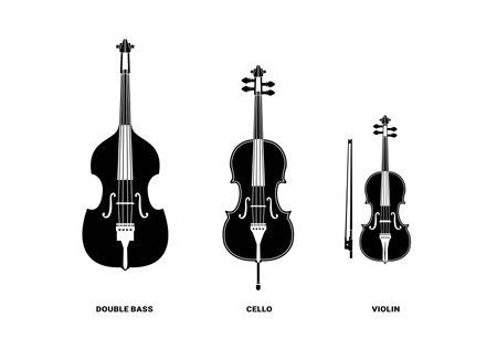 stringed instrument logo illustration, biola, cello, double bass silhouette suitable for music stores and communitiesのイラスト素材
