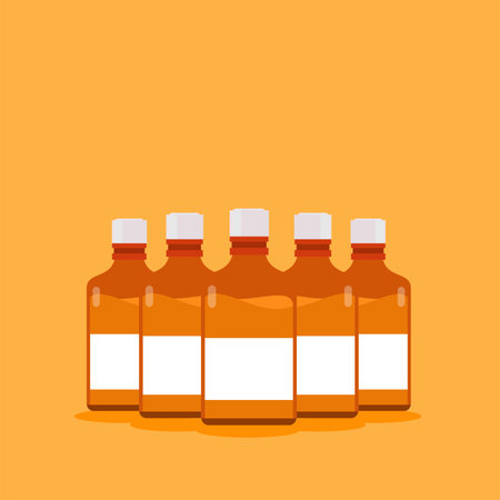 Medical and pharmacy concept. Clear glass bottles for chemistry, Health hipster illustration in flat style.のイラスト素材