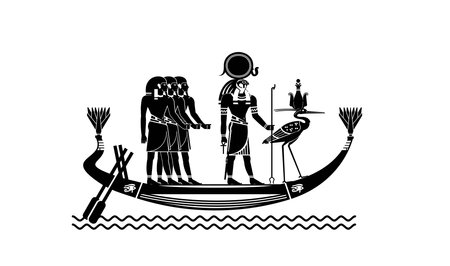 Egyptian papyrus with gods and people in boats in silhouette. Ancient Egyptian gods and goddesses in historical hieroglyphic paper art. Vector illustration isolated on white. Ancieのイラスト素材
