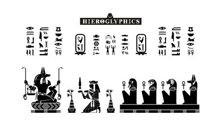 Egyptian papyrus with gods and goddesses offering to anubis in silhouette. Ancient Egyptian gods and goddesses in historical hieroglyphic paper art. illustration isolated on white.のイラスト素材