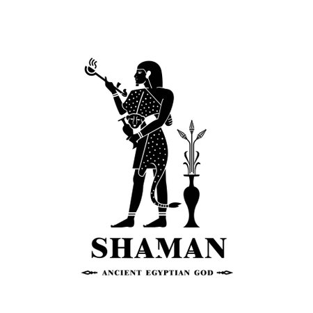 Silhouette of an ancient Egyptian shaman, an illustration of a person on a papyrus painting and a pyramid wall of the hieroglyphic cultureのイラスト素材