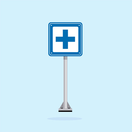 road sign icon, fisrt aid post symbol in blue checkered board. suitable for poster and web icon useのイラスト素材
