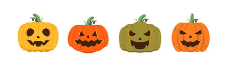 Pumpkin set. Pumpkins in various colors and shapes with scary smiling characters for Halloween holiday design.のイラスト素材