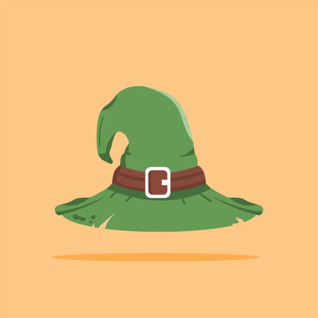 Vector illustration of green Halloween witch hat with leather belt isolated. Witch hat design element for Halloween.のイラスト素材