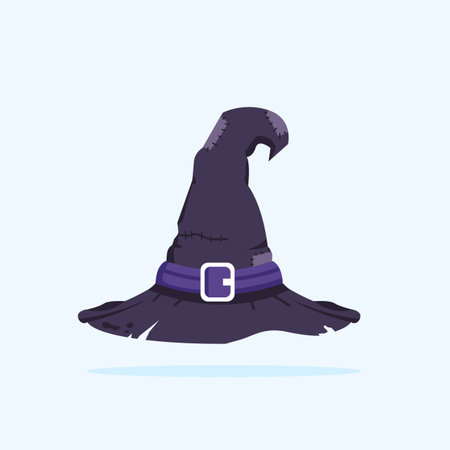 Halloween witch hat vector illustration isolated. Witch hat with purple cloth on white background. Design element for Halloween.のイラスト素材