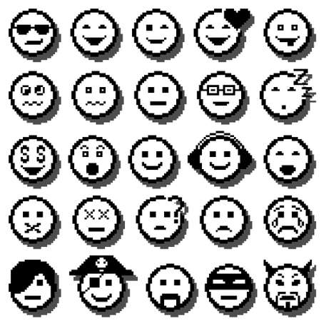 icons of smiley faces. Different emotions. Pixel art.のイラスト素材