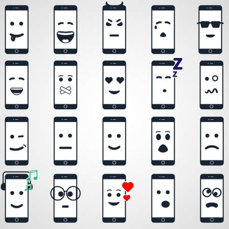 Icon set mobile smartphone collection iphon style mockups with smiling faces isolated. Vector illustrationのイラスト素材