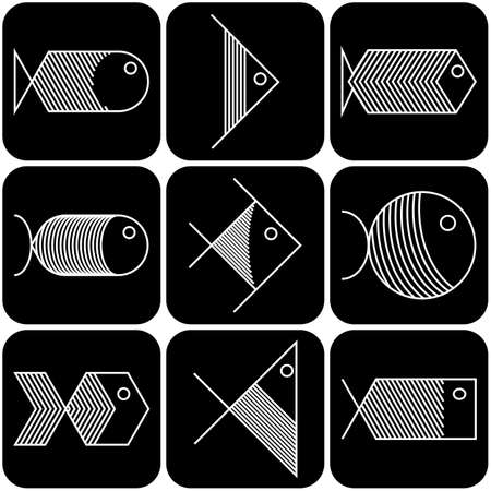 Collection of vector white  fish icons on black backgroundのイラスト素材