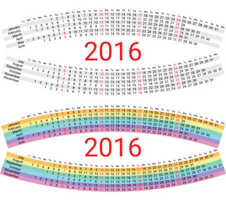 2016 Creative Rainbow Calendar Planner Organizer. Black-white and colored version. Vectorのイラスト素材