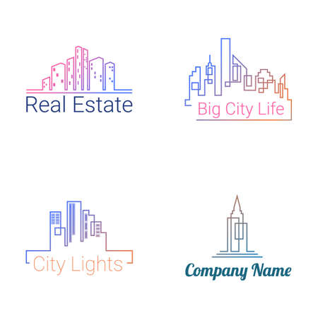 City buildings logo colored silhouette icons on white background. Vectorのイラスト素材