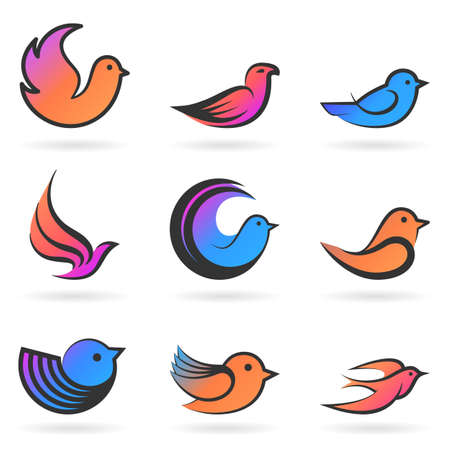 Collection of colored Bird shapes and logos on white background.Vector illustrationのイラスト素材
