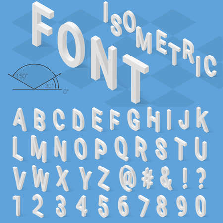 Isometric font alphabet with drop shadow on blue background. Vector illustrationのイラスト素材